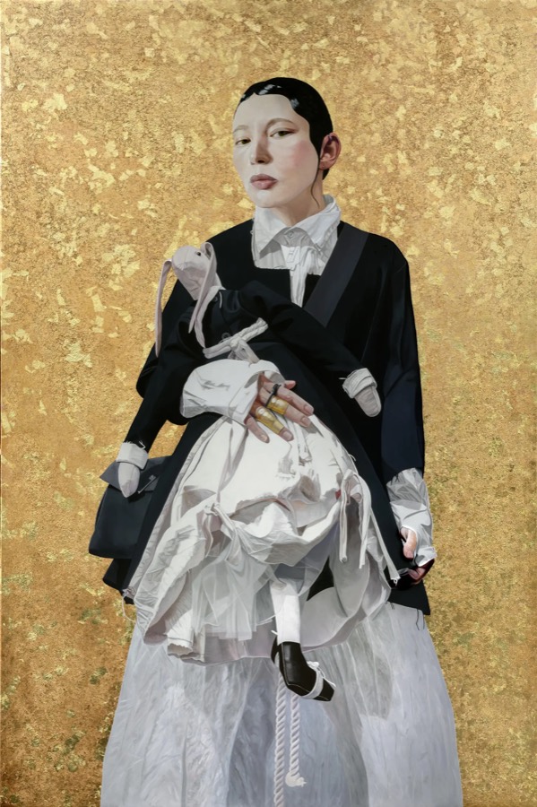 Figurative oil painting against a gold-leaf background, shown on a portfolio site we built