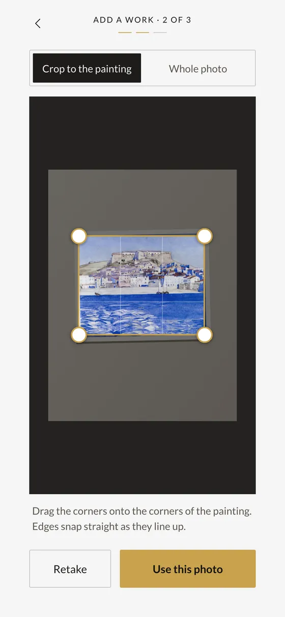 Saora Studio on a phone: a photo of a watercolour on a wall, with four corner handles snapped onto the painting's edges