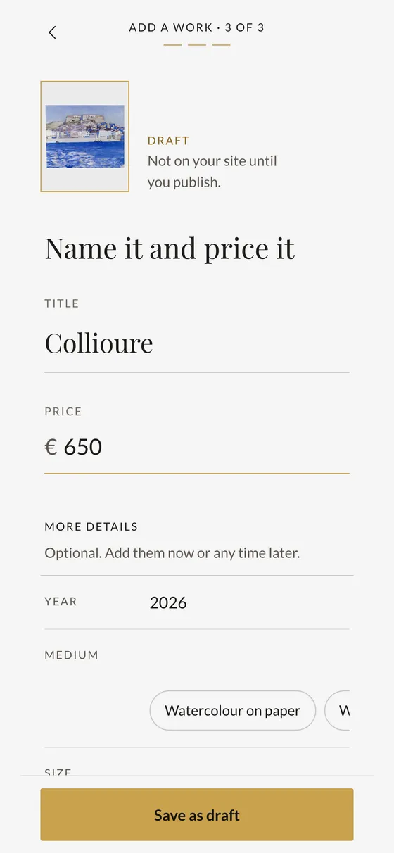 The Name it and price it screen, with the title Collioure and a price of 650 euros