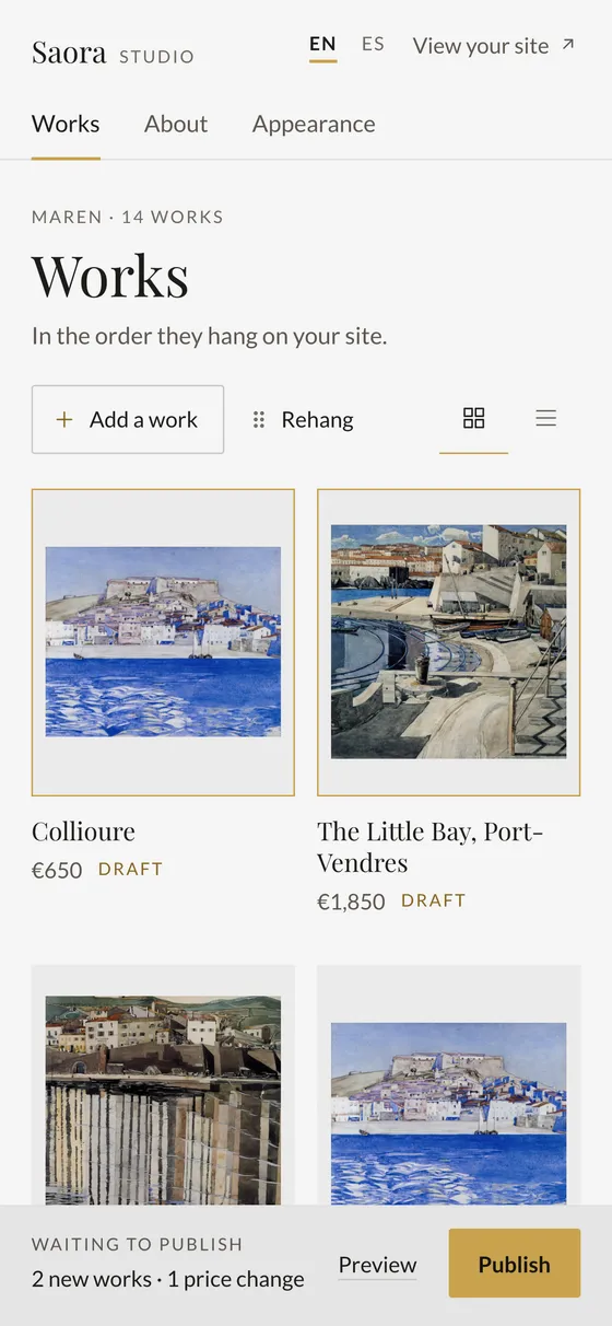 The Studio's Works grid with the new painting as a draft, and a bar at the bottom with the Publish button